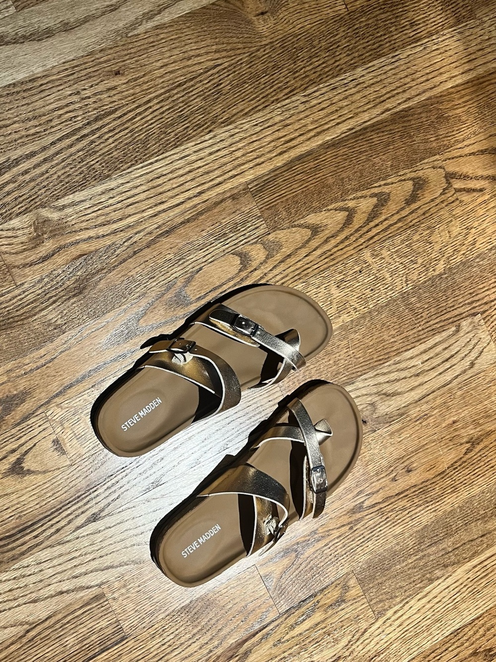 Steve Madden Metallic Gold Cross-Strap Slide Sandals